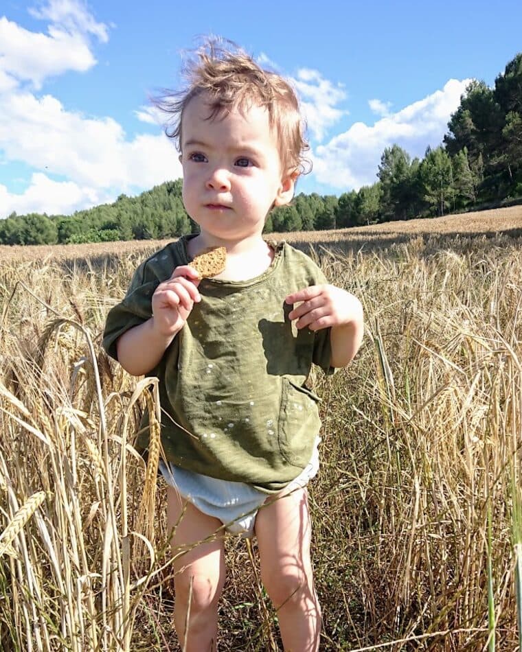 Bebé con camiseta verde y cubrepañal claro en un campo