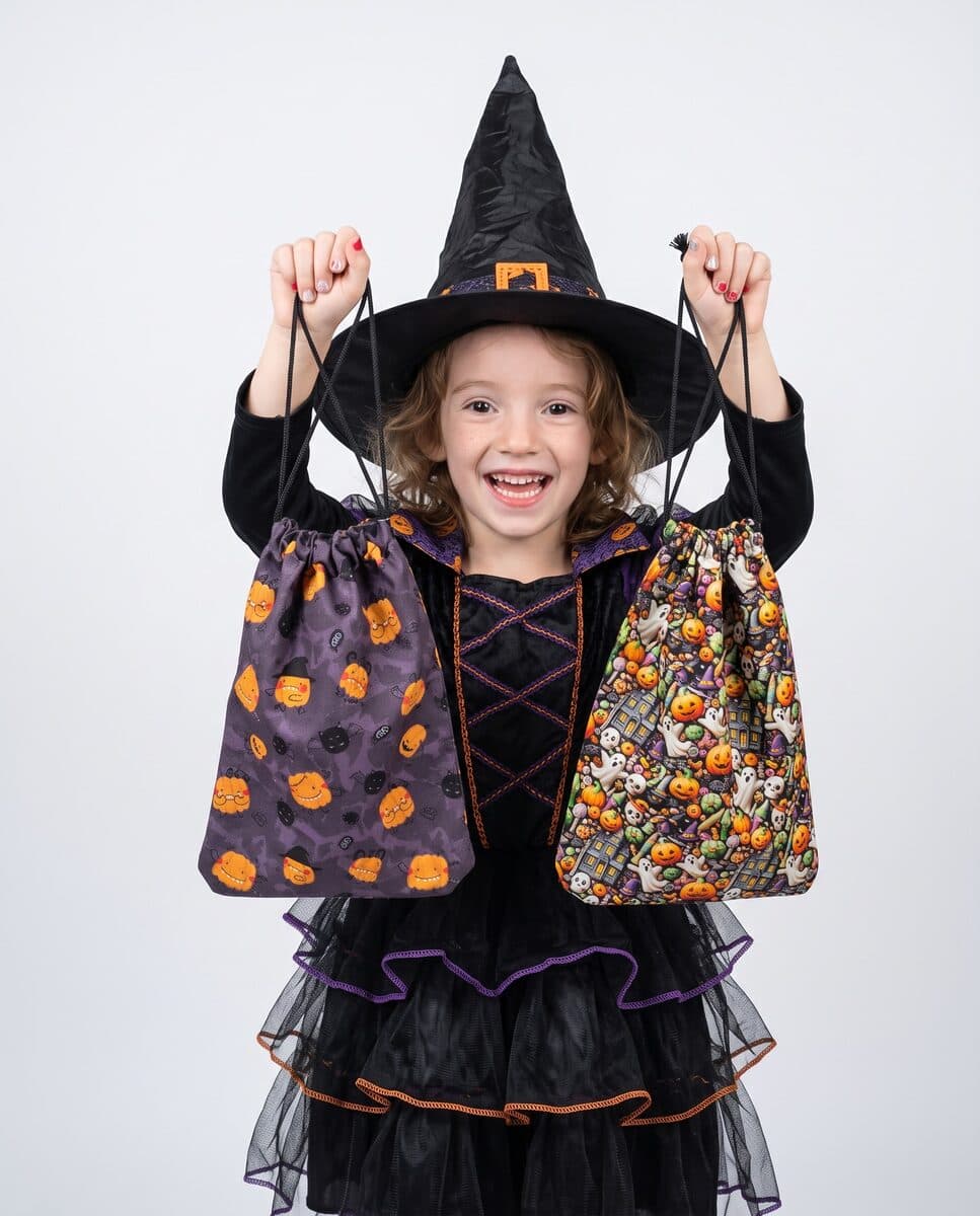 Niña disfrazada de bruja con dos bolsas de tela de Halloween