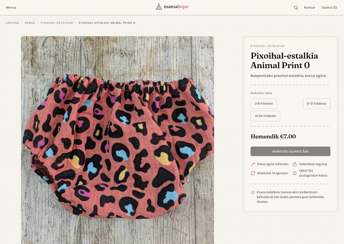 Eskuz egindako pixoihal-estalki baten fitxa, taila-aukeratzailearekin